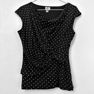 Worthington Polka Dot Lined Cap Sleeve Wrap Top Black White Size Petite Medium